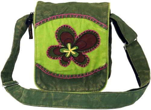 GURU SHOP Kleine Schultertasche, Hippie Tasche, Goa Tasche aus Baumwolle | Unisex, verstellbarer Schultergurt, 4 Fächer, Reißverschluss, ideal für Festivals und Alltag
