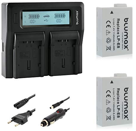 2X Blumax Kamera Akku für Canon LP-E8 und Blumax Doppelladegerät für Canon Lp-E8 mit LCD-Display + USB-Buchse