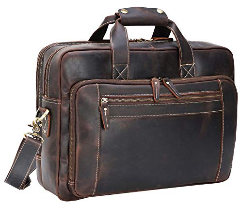 Compalo Laptop-Aktentasche für Herren, massiv, dick, Vollnarbenleder, 43,9 cm (17,3 Zoll), Dunkelbraun, Large, Tragetasche