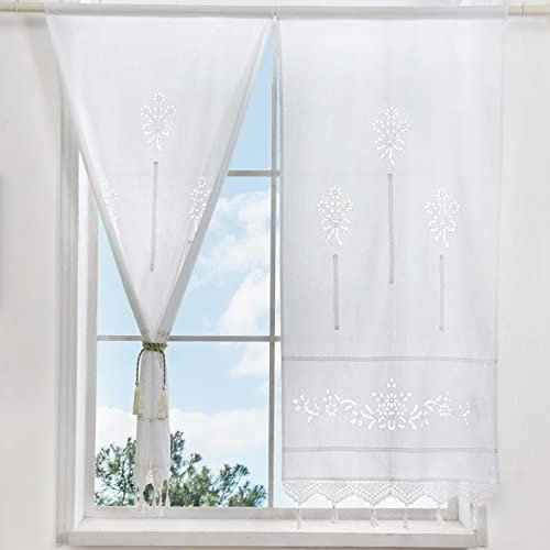 choicehot Leinen Baumwolle Hohl Stickerei Küche Vorhang 2 Stück Cafe Vorhang Vorhang, Esszimmer Vorhang mit Crochet Tassel Border (Weiß 65x150cm 1 Paar)