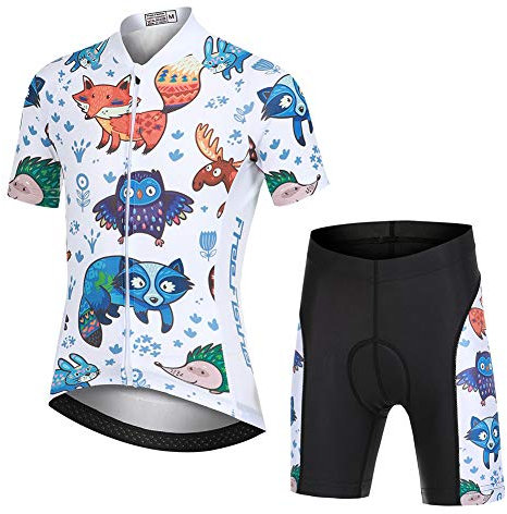 LPATTERN Kinder Radsport Bekleidung- Jungen/Mädchen Fahrrad Trikot-Set(Trikot Kurzarm+Kurz Radhose)/Radtrikot Kurzarm/Kurz Fahrradhose mit Sitzpolster,Eule und Fuchs(Anzug),110/116(Tag:S)
