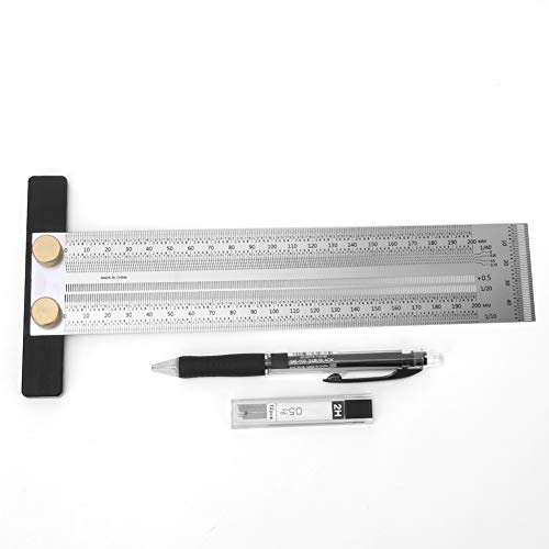 Anreißlineal Edelstahl T-Loch Lineal Präzisionsmarkierung T-Rule Carpenter Messwerkzeug zum Positionieren und Markieren von Tischler-Einsteckschlitzen mit automatischem Bleistift(200mm)