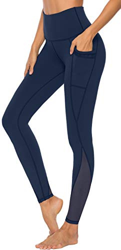 Persit Damen Sport Leggings mit Taschen - Blickdicht Lange Sporthose mit Mesh-Einsätzen