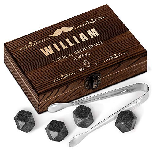 Maverton Whisky Stones Gift Set - 6 granite whiskey rocks - high cooling technology - stainless steel pliers - an elegant wooden box with engraving Holiday