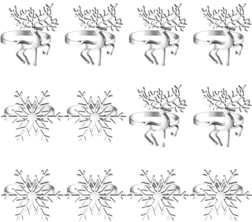 ELECLAND 12Pcs Silver Napkin Rings Holders, Deer & Snowflake Napkin Rings, Xmas Dinner Table Rings for Winter Party