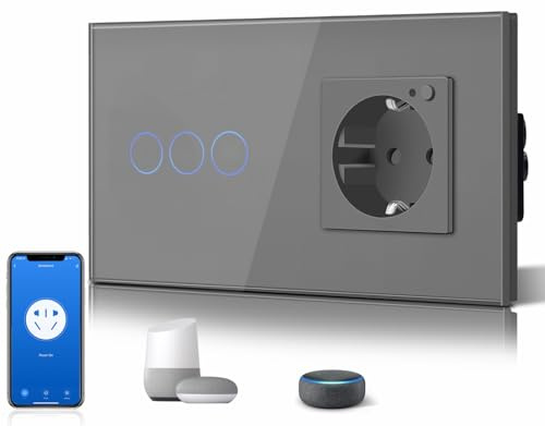 BSEED WIFI Schuko Steckdose Unterputz mit Smart Alexa Berührungssensor Lichtchalter 3 Fach 1 Weg Touch Work mit Google Home Alexa SMART LIFE TUYA APP Wandschalter (Neutralleiter erforderlich) Grau