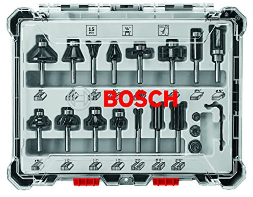 BOSCH RBS015MBS 15-Piece (Universally Compatible Accessory) Carbide-Tipped Wood Router Bit Assorted Set
