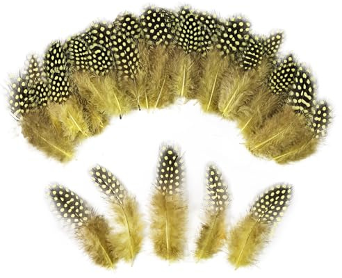 THARAHT Spotted Feathers 120pcs 2-3inch Small Natural Bulk Guinea Pheasant Feather for Crafts Hats Dream Catcher Decoration Feathers,Yellow