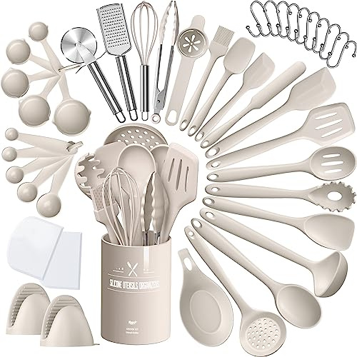 Silicone Kitchen cooking Utensils Set, AIKKIL 43 Pcs Heat Resistant Khaki Cooking Utensils Set, Turner, Tongs, Spoon, Spatula, Kitchen Gadgets Tools Set For Nonstick Cookware(Dishwasher, BPA Free)