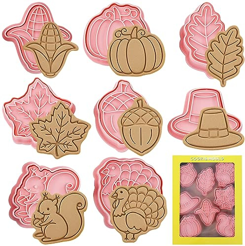 Seasboes 8 Formine per Biscotti Autunnali, Set di 8 Formine per Biscotti del Ringraziamento, Tagliapasta Autunnale in Plastica, Antiaderente, Rosa