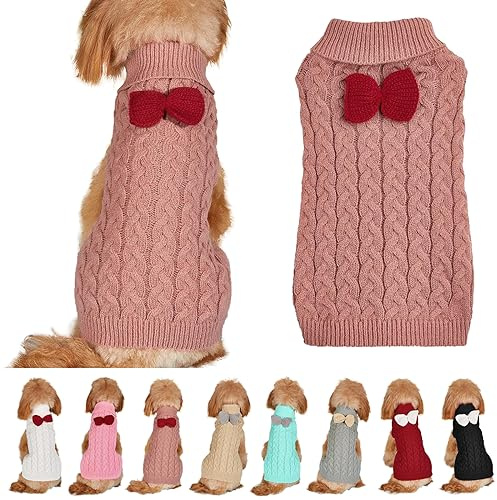 Dolcevita Maglione Fiocco Cane Maglia Ponticello Caldo Vestiti per Cani Invernali Pullover Maglieria Uncinetto Cappotto Costume di Natale Pet (S, Rosa Rosa)