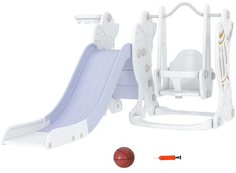 AIYAPLAY Gioco per Bambini 18-48 Mesi, Set 3 in 1 in Plastica con Scivolo per Bambini, Altalena e Canestro, 150x185x92 cm, Bianco e Grigio