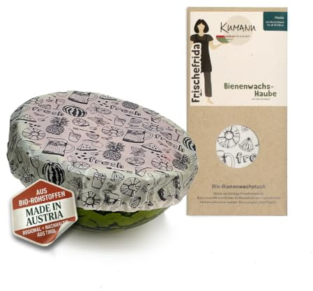 Kumanu | Ekologisk bivaxduk – färskhållningshuva Fresh Frida | naturlig plastfolie med extra innehåll | för skålar med 22–26 cm i diameter | handgjord i tyrolen (fräsh)