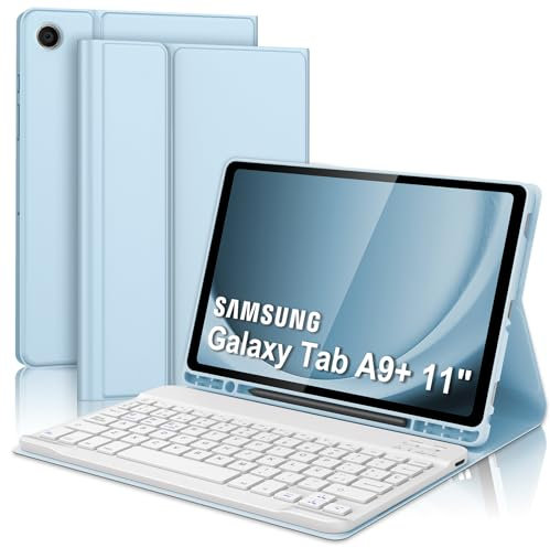 Funda con Teclado para Samsung Galaxy Tab A9+ 11'', Teclado Bluetooth Inalámbrico Desmontable con Funda y Portalápices para Samsung Galaxy Tab A9 Plus 11 Pulgadas 2023(SM-X210/X216/X218), Azul Claro