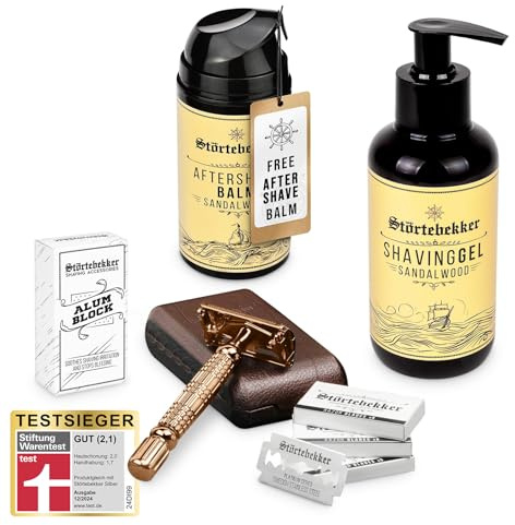 Störtebekker® Premium Rise 'N Shine Shaving Set - Rasierset für Herren - mit Rasierhobel (Rosé - Gold) inkl. Etui (Café) & 10 Klingen, Rasiergel, After Shave Balm & Alaunstein - Rasier Set Männer