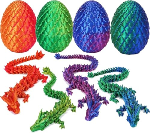 3D Printed Dragon in Egg, Articulated Dragon Egg Toy with Dragons Inside - Unique Home Desk Decor with Flexible Joints - Mythical Pieces Dragons Eggs for Autism/ADHD Egg Hunts (4PCS)