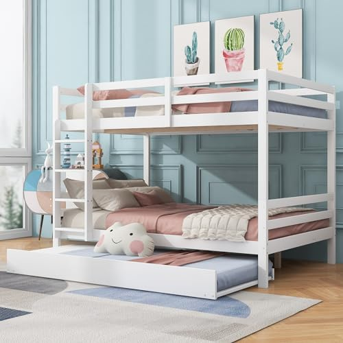 KecDuey 140 x 200cm Etagenbetten, Kinderbetten, Etagenbetten mit Ausziehbett 90 x 190cm, Hohe Geländer, Stabile Treppe und Lattenrost (Weiß mit Ausziehbett)
