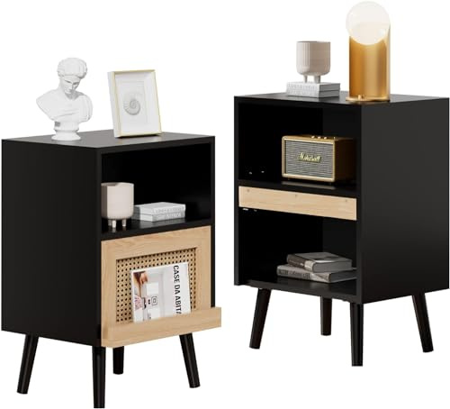 UEV Nachttisch 2er Set Rattan, Nachtkommode mit Füße, Sofatisch mit Beine, Nachtschank im Boho-Stil, Beistelltisch für Wohnzimmer Schlafzimmer, 40 x 30 x 60cm, Schwarz