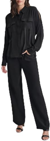 DKNY Kvinnors långa ärmar skärning axel knapp front blus, svart, liten, svart, S
