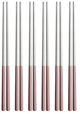 CHFYIJYHM 6 paia di bacchette da 23 cm in acciaio inossidabile 304 quadrate cinesi in metallo argento bacchette riutilizzabili utensili da cucina(Pink Silver)