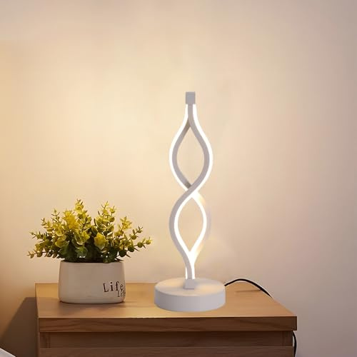 Mengjay LED Spiral Tischlampe,Moderne Nachttischlampe mit 3 Farbtemperatur,Metall Dekoration Tischleuchte,Augenschutz Schreibtischlampe Leselampe für Kinderzimmer Schlafzimmer Wohnzimmer (Weiß)