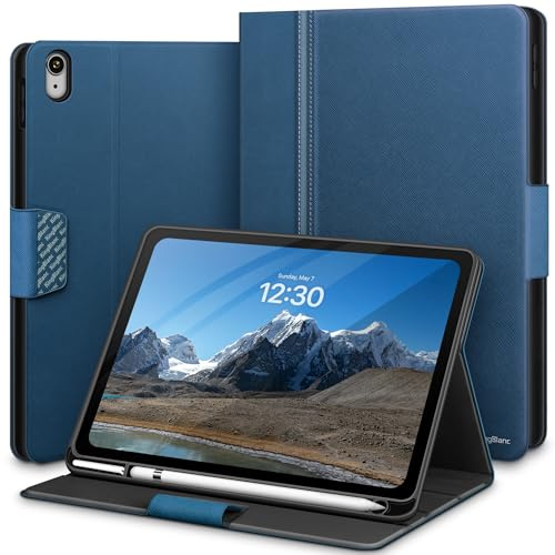 KingBlanc für iPad A16 Hülle 11./10. Generation Blau | Design mit zwei Texturen, Integrierter Stifthalter, Veganes Leder, Verstellbarer Ständer, Magnetverschluss