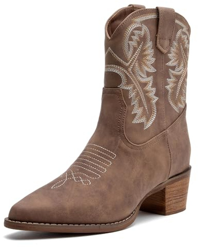 DADAWEN Femme Western Bottines de Cowboy Talon Bloc Bottes de Cowgirl Mi-Mollet Occidentales Classiques Vintage Broderie