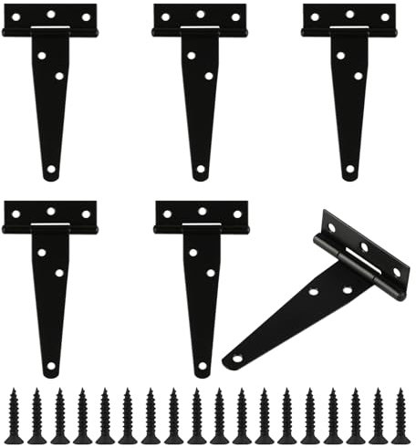 WangChaoJiu 6 Pcs T-Strap Hinges, Metal, Black, Powder Coated, Retro Style, Surface Mount, 6 Holes, 4 Inch