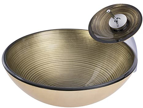 Lavandino da appoggio per Bagno in Oro, lavabo da appoggio in Vetro temperato, lavabo Rotondo Artistico con Rubinetto Cromato, Installazione sul Piano di Lavoro