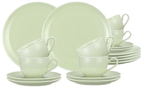 Seltmann Weiden Amina Kaffeeservice 18-teilig, Kaffeetassen mit Untertassen (250 ml) und Frühstücksteller (23 cm) für 6 Personen, Geschirr-Set mit dezentem Relief-Muster, Porzellan, Seladon