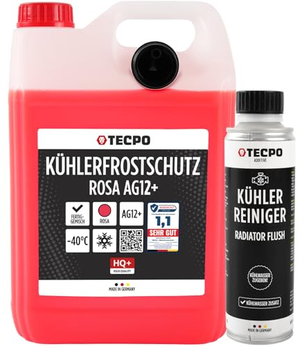 TECPO Kühlerfrostschutz rot rosa, 5 Liter Kühlmittel G12+ -40°C Antifreeze, G12 Kühlmittel Auto, Fertigmischung gebrauchsfertig Kühlwasser Auto + Kühlerreiniger, 300 ml Kühladditiv Kühlsystem Reiniger