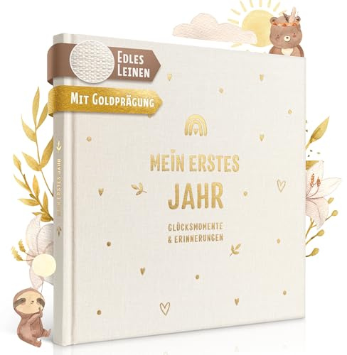EULENTALER Babyalbum Mein 1. Lebensjahr BOHO | Von Pädagogen gestaltet | [Echtes Leinen & Goldprägung] handgemalte Tier Illustrationen, Platz für Fotos & Erinnerungen, Baby Album Geschenk Babyparty