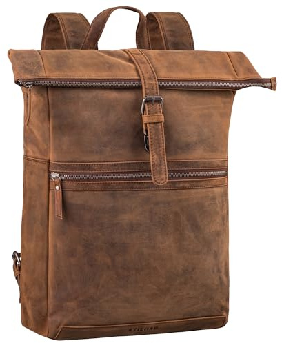 STILORD 'Tacoma' Rolltop Rucksack Damen Leder Großer Businessrucksack Herren Echtleder Fahrradrucksack Vintage Retro Antik - Lederrucksack für 17 Zoll Laptop, Farbe:eichen - braun