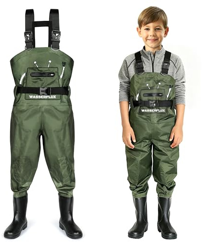 wasserflux Kids Chest Waders with Boots – Waterproof PVC Youth Waders with Reflective Strips & Reinforced Knees, Lightweight Fishing Waders, Green 6/7T