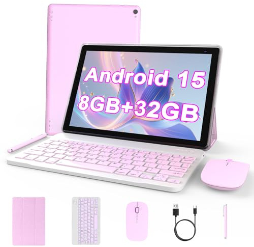 Android 15 Tablet 10 inch, 2 in 1 Tablet with Keyboard, 8GB RAM+32GB ROM Support 1TB Expandable Tablets PC, Quad-Core CPU, HD Screen, BT, WiFi, Long Battery Life Tablets with Case Mouse Stylus, Pink