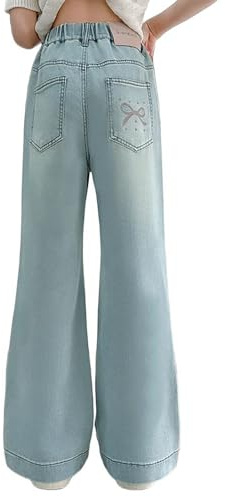 2026 Pantalons amples pour filles, jambes larges, jeans baggy, taille élastique, pantalon en jean, pantalon décontracté avec poches, pantalon avec trous pour fille, bleu, 10-11 ans