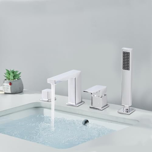 Wannenrandarmatur 4-Loch-Badewannenarmatur mit Handbrause, 4er-Set Badezimmer Armatur für Waschbecken & Badewanne Wannenrand (Silber)