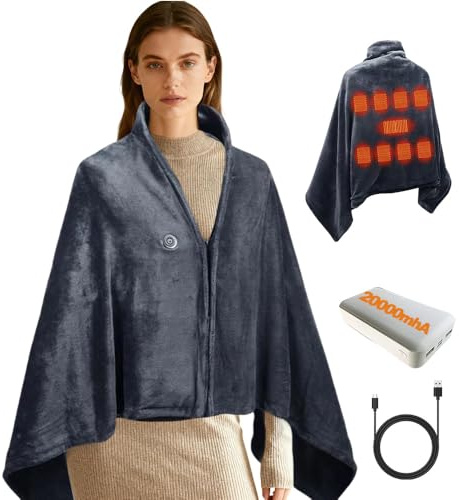 Mineup Coperta Riscaldante Elettrica con 20000 mAh Batteria, 160x80 cm Coperta Termica USB, Coperta Indossabile Termica Elettrica, 3 elementi riscaldanti per casa e ufficio, Viaggio All'aperto