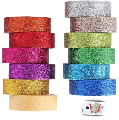 12 Rollen Washi Tape Set, Glitzer Tape Glitter Washi Klebeband Holografisch Glitzernde Dekoratives Klebeband DIY Papier Tape Bunte Glitzernde Bänder für Planer Scrapbook Journals Handwerk Verpackung