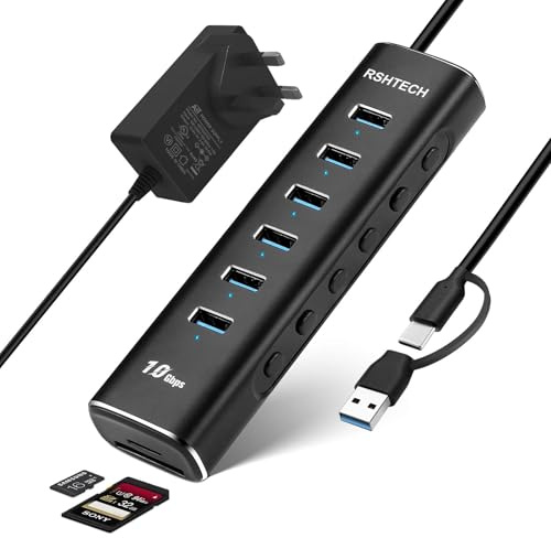 RSHTECH Powered USB C 3.2 Hub, 8-Port Hub with SD/TF Reader (RSH-A107D) | Aluminum USB Splitter with 6x 10Gbps USB-A 3.2 Ports, SD/TF Card Readers, 3.3ft Cable and 12V/2A (24W) Power Adapter
