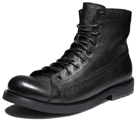 Herrstövlar med snörning, medelhög midja, rund tå, läderovandel, utomhus, casual, arbetsstövlar, motorcykel, stridsstil, bekvämt slitage(Black,38 EU)