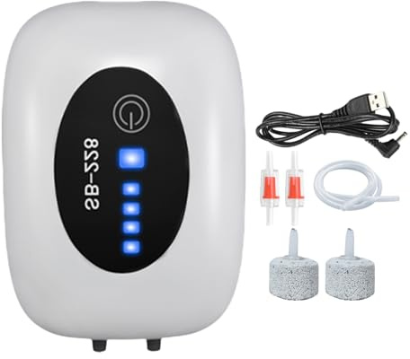 Bomba de aire para acuarios - Aireador silencioso portátil recargable con 2 salidas - Bomba de aire silenciosa para acuario, para estanque, hidroponía, agua salada, plantas vivas, agua exterior e