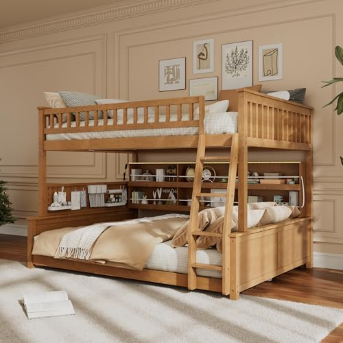 Merax Full XL Over Queen Bunk Bed Convertible, Pegboard Side & Light Strip Headboard, Separates into 2 Beds with Storage, Safe Design & Customizable Organization, Brown