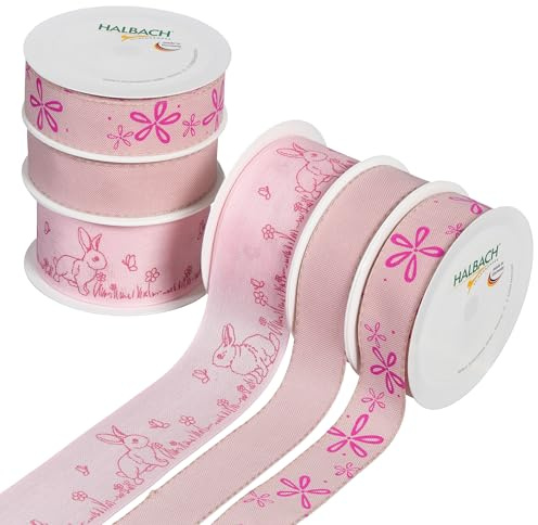 Halbach Oster Geschenkband Set, 6 Rollen Dekoband, rosa/pink | 2 x 3 Rollen hamonisch aufeinender abgestimmte Oster Schleifenbänder, Made in Germany für Geschenke und DIY-Projekte
