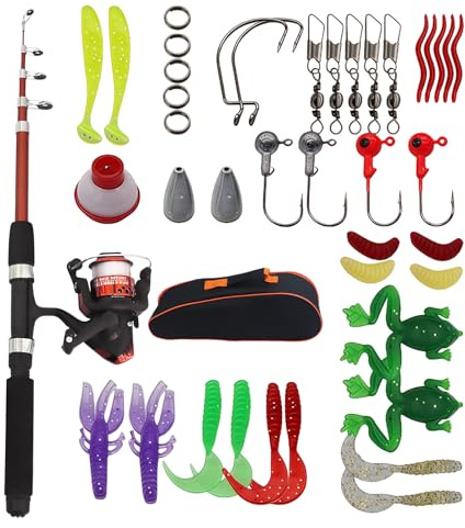 Set di canne da pesca per bambini, 1,5 m, set per bambini con mulinello, set di esche e borsa per il trasporto, canna da pesca, set completo per 3-10 anni