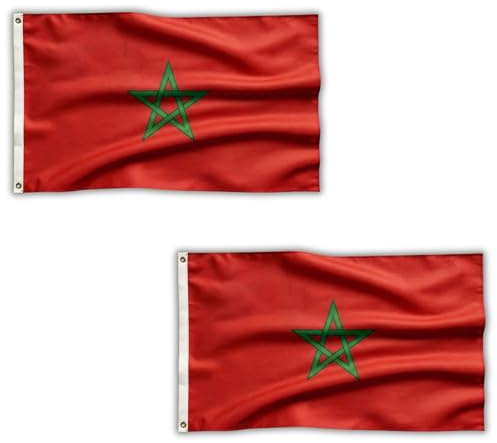 2 banderas de Marruecos de 5 x 3 pies con ojales de latón – Bandera marroquí de poliéster para partidos de fútbol, zonas de fanáticos, exhibición de hogar y jardín