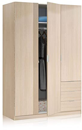 Habitdesign Armario Ropero 3 Puertas 3 Cajones, 121x180x52 (AnchoxAltoxFondo-en Cm), Color Roble