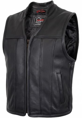MDM Herren Biker Lederweste aus Echtleder, mit Biker Kragen, Motorradweste, Lederkutte 1,1–1,2 mm, Büffel Nubuk oder Rindsleder Glatt, Reißverschluss, 4 Taschen, Seitenerweiterung, Chopper Clubweste