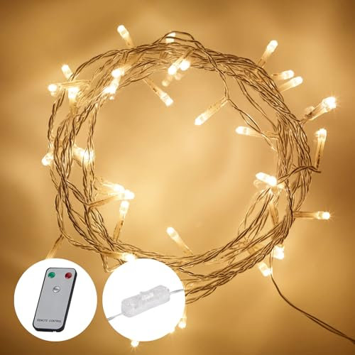 Lights4fun Lichterkette mit 50 warmweißen LEDs | strombetrieben mit 24V Stecker & mit An- und Ausschalter & Fernbedienung | Innen Fensterdeko Kinderzimmer Weihnachten Weihnachtsbaum Lichterkette | 4 m