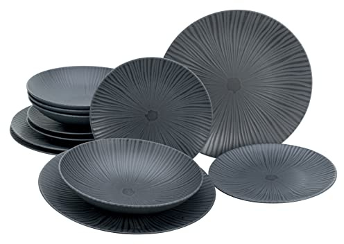 CreaTable, 23211, Serie VESUVIO black, 12-teiliges Geschirrset, Tafelservice aus Steinzeug, spülmaschinen- und mikrowellengeeignet, Made in Portugal